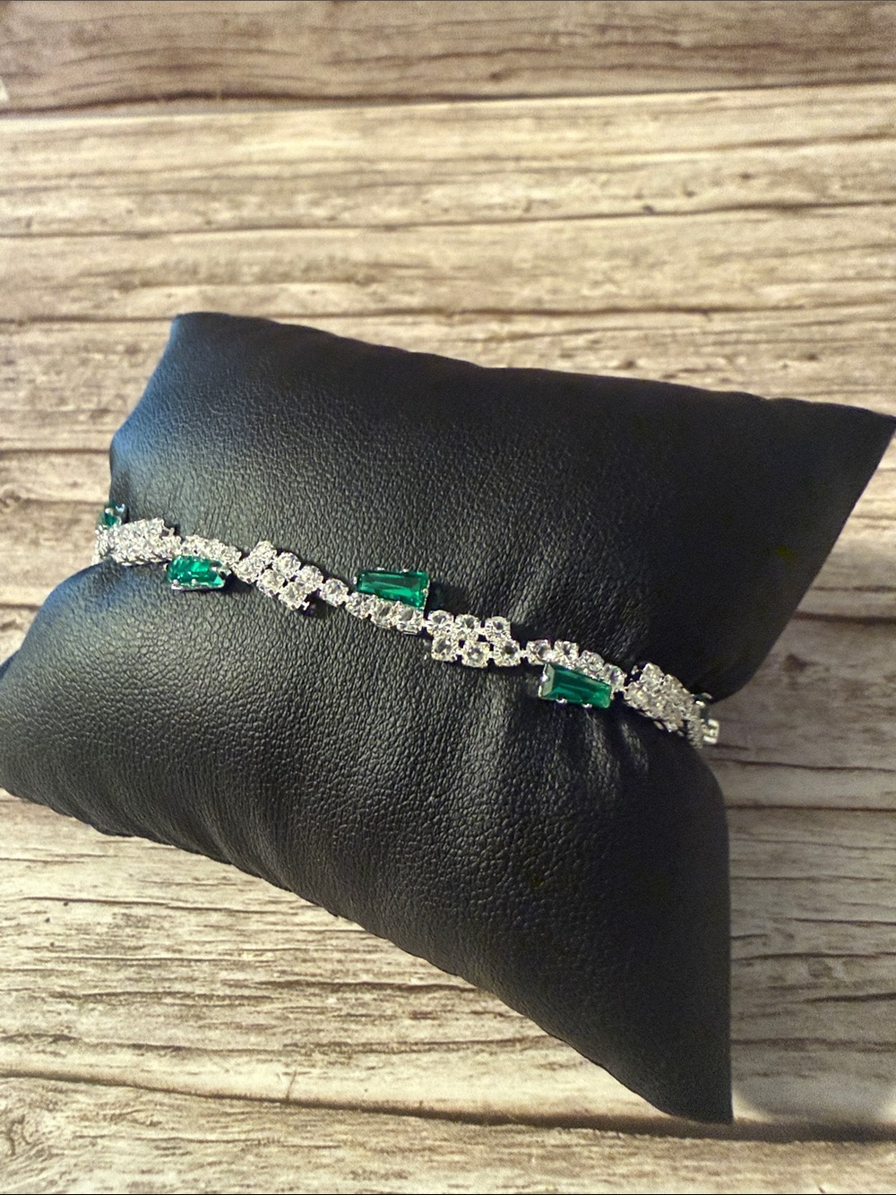 Emerald and Diamond Tennis Elegant Bracelet Silver Tone